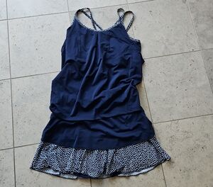JERDOG Tennis/Pickleball Outfit Set , Top And Skirt - Navy Blue, Polka Dot Trim